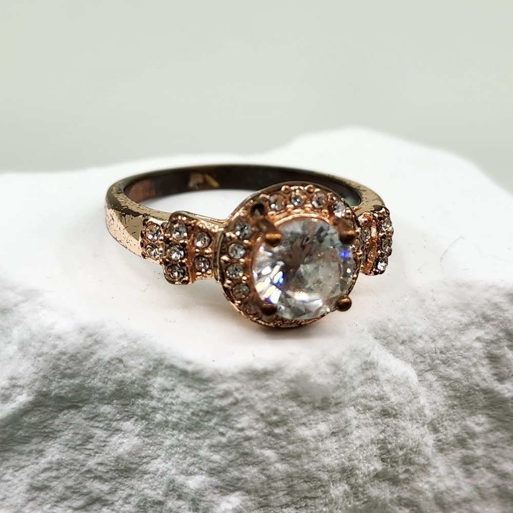 Rose Gold Tone Clear Crystal Halo Round Bridal Statement Cocktail Ring Size 7.5